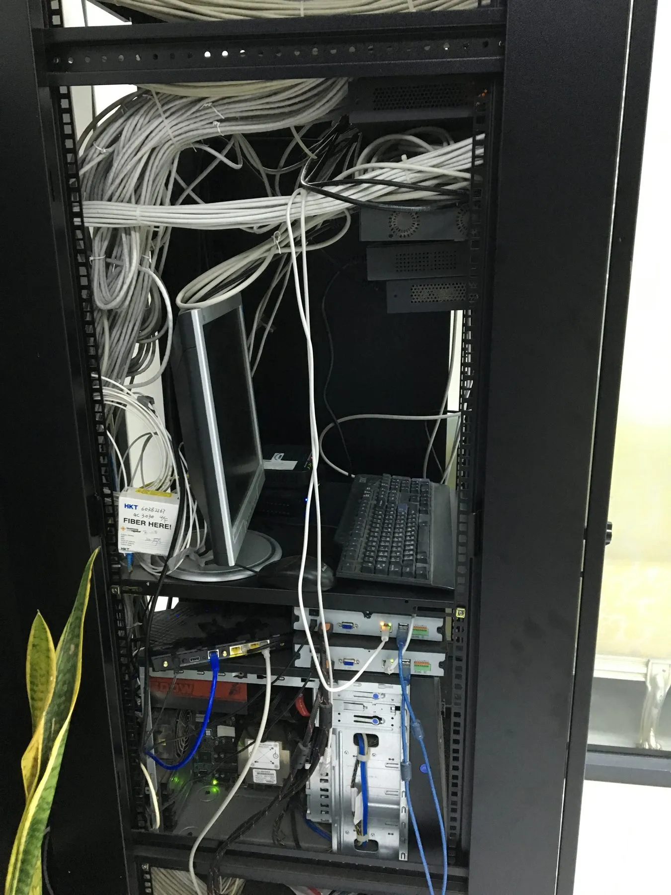 A comms rack installed in an office with patch panels and network switches